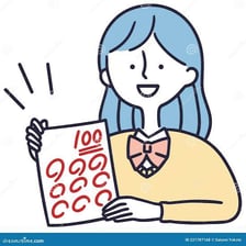 A student viewing a test marked with an excellent score.