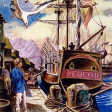 An illustration of Captain Ahab and Ishmael aboard a whaling ship