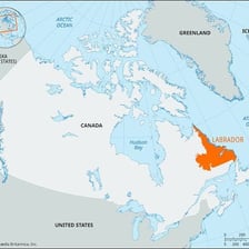 A map showing the Labrador Peninsula in eastern Canada.