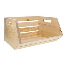 A wooden crate beside a plastic storage bin