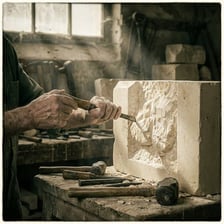 A craftsperson shaping a block of stone with hand tools.