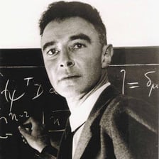 Historical photograph of J. Robert Oppenheimer and scientists associated with the Manhattan Project