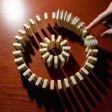 A chain of dominoes falling in sequence