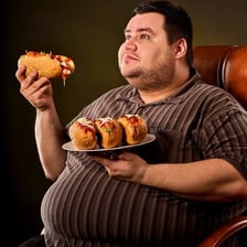 A hungry person eating a substantial meal at a table