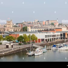 A view of Bristol, England, showing its harbor and city skyline.