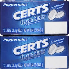Packages of Certs and Mentos mint candies.