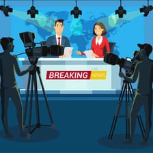 A broadcast studio sending the same program to radio and television audiences.