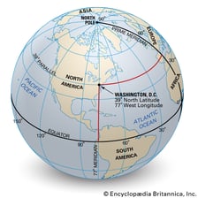 An educational globe diagram labeled with latitude and longitude lines.