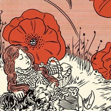 Dorothy lying asleep among the poppies in the Wizard of Oz poppy-field scene.