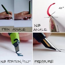 A calligraphy pen creating a sweeping flourish on paper.