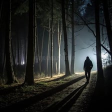 A person moving quietly and stealthily through a dim setting