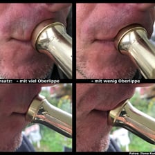 Close-up of a musician’s lips positioned on a brass instrument mouthpiece