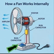 An electric fan with its motor and blades spinning.