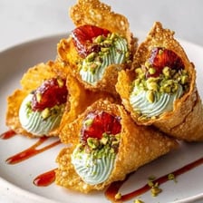 Cone-shaped pastry shell filled with a sweet dessert.