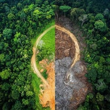 An aerial view of land cleared of trees beside a remaining forest