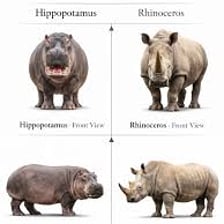 A hippopotamus and a rhinoceros representing large thick-skinned mammals.