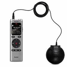Portable audio recorder with microphones used to capture sound.