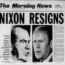 A historical newspaper photograph or headline about the Watergate scandal