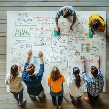 Whiteboard covered with notes and diagrams during a brainstorming session