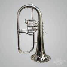 A flugelhorn, a brass instrument with a wide bell and three valves.