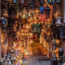 The busy historic market lanes of Khan el-Khalili in Cairo