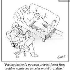 An illustrative scene depicting an exaggerated sense of personal power and importance.