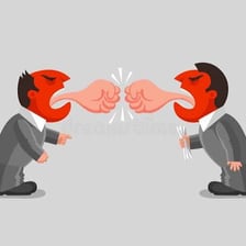 An angry person berating another person.