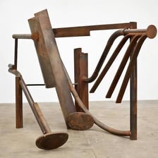 An abstract metal sculpture by British sculptor Sir Anthony Caro
