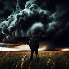 A person looking concerned beneath dark storm clouds