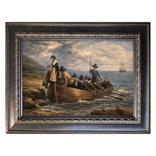A historical illustration of the Mayflower carrying the Pilgrims across the Atlantic.