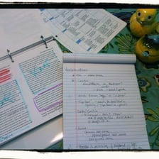 An editor reviewing marked-up pages of a manuscript.