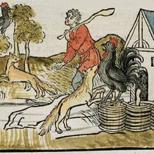 An illustration of Chanticleer, the rooster from Chaucer’s tale.