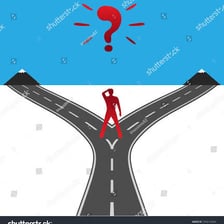 An illustration of a person uncertain which path to choose at a crossroads.