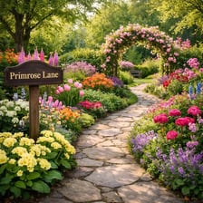 A person walking along a winding garden path lined with flowers.
