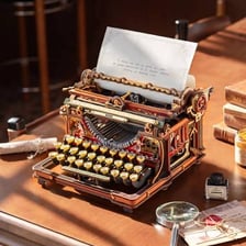 A vintage mechanical typewriter with keys, paper, and an inked ribbon.