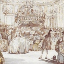 Couples performing a formal minuet in an eighteenth-century ballroom setting.