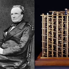 Portrait of Charles Babbage alongside an illustration of his Analytical Engine