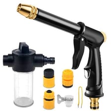 A spray nozzle attached to the end of a garden hose.