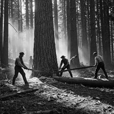Workers cutting down trees in a forest.