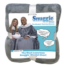 A person wearing a sleeved Snuggie blanket.