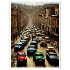 A crowded city street during a hectic rush hour.