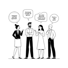 People discussing differing views around a table.