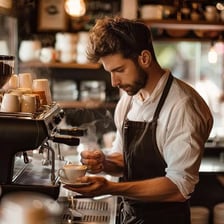 A barista prepares an espresso drink at a café.