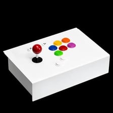 Arcade-style video game joysticks with handles and buttons.