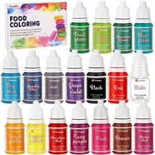 Bottles of food coloring used to change the color of food.