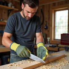 Hands covered by protective work gloves.