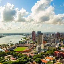 The Abidjan skyline beside the Ébrié Lagoon in Côte d’Ivoire.