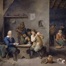 A period illustration of people drinking and gambling in a tavern.
