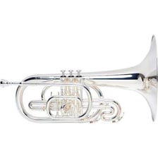 A brass mellophone being played in a marching band.