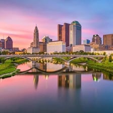 Columbus skyline with Ohio State University campus buildings